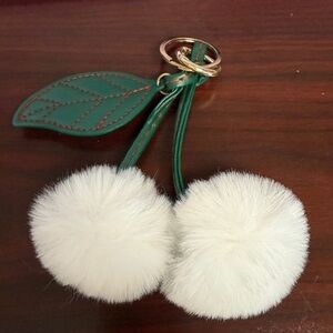 White Faux Fur Cherry Pom Keychain with Green Leaf Accent